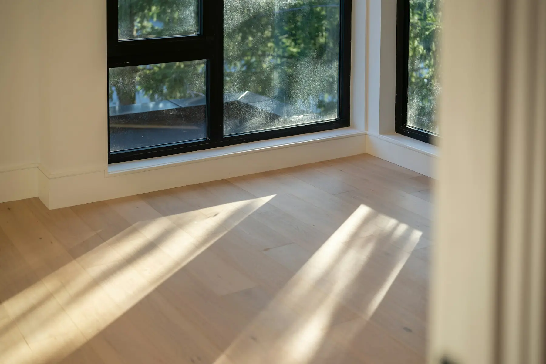 Sunlit room with wide-plank light oak floors