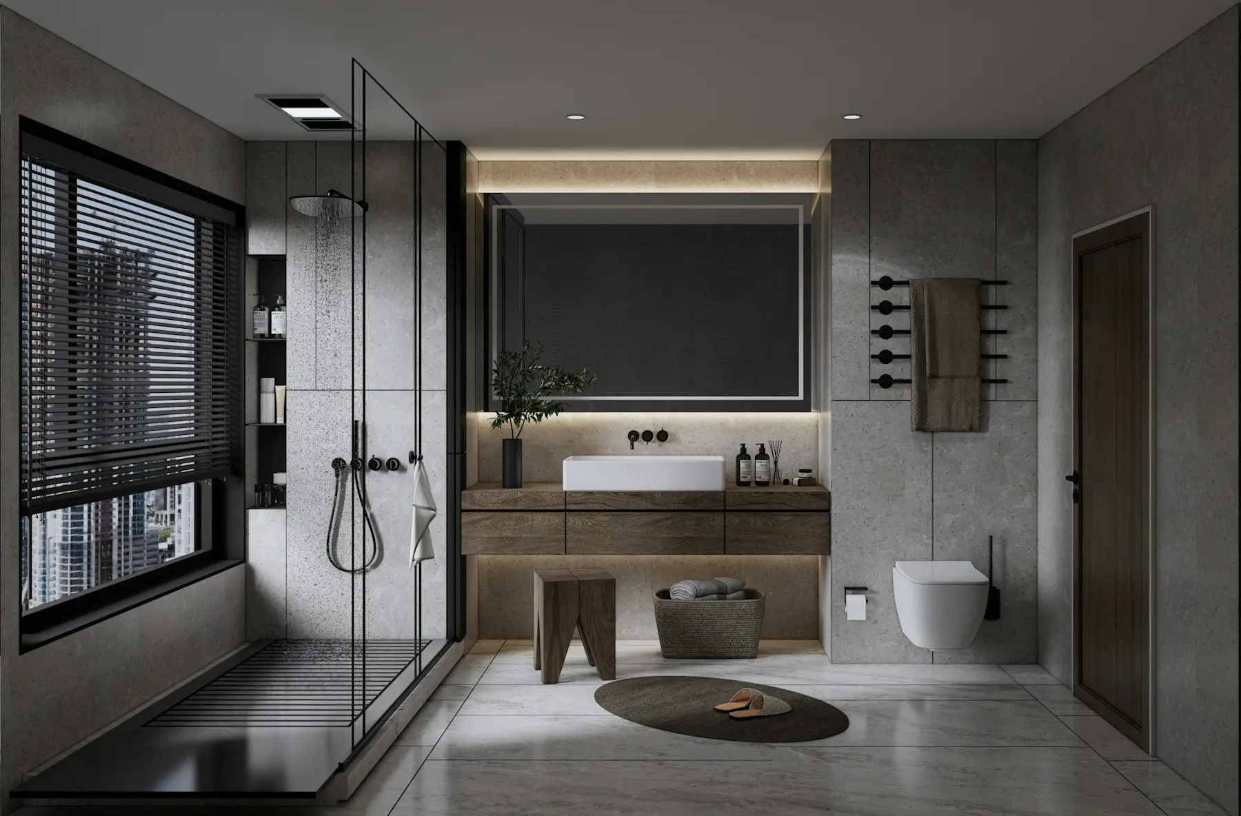 Modern bathroom with curbless glass shower and large-format tile